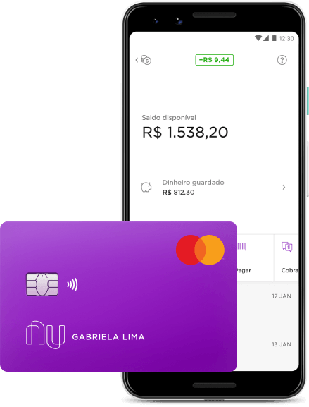 Celular com o aplicativo do Nubank aberto na seção da NuConta e o cartão roxo do Nubank